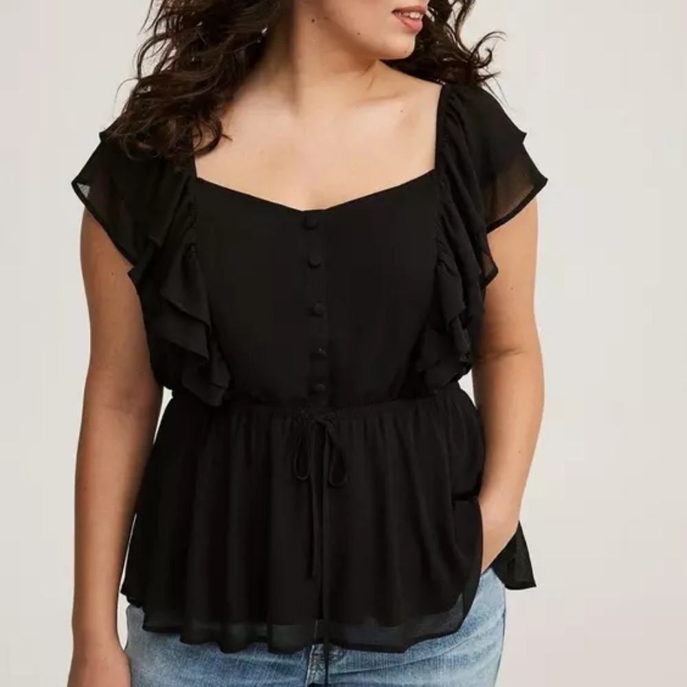 Torrid Deep Black Ruffle Cinched Button Front Blouse Size 1X